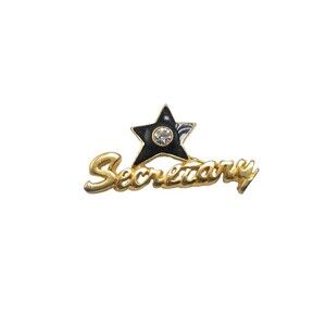 Secretary Black Enamel Star Clear Rhinestone Brooch Pin Gold Tone Vintage